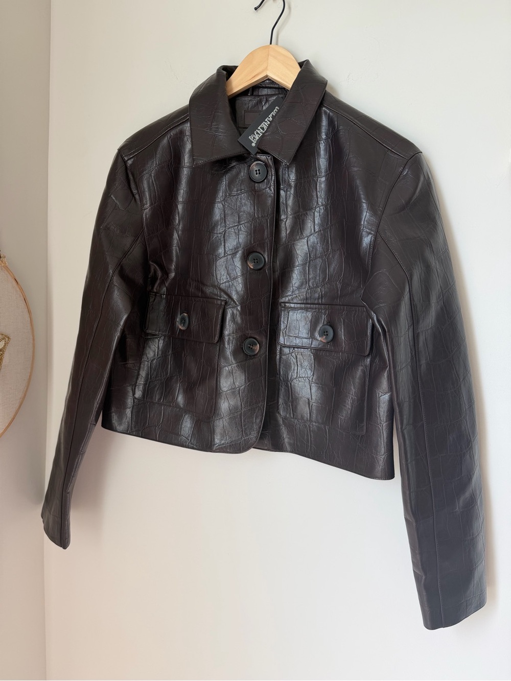 Blank NYC Dark Brown Croc-Embossed Faux Leather Cropped button up Jacket